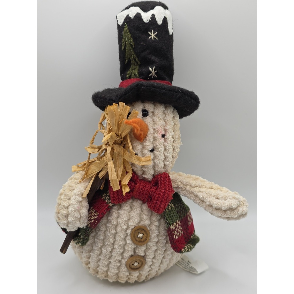 Snowman Stove Top Hat & Broom Beanbag Self Standing Some Light Staining